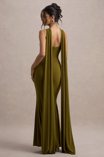 Rhoda Green Twist Halter-Neck Cape Maxi Dress